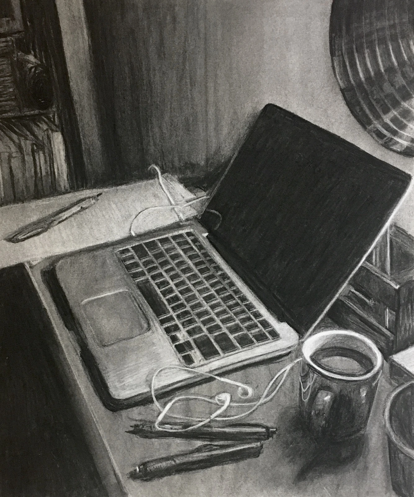 Charcoal drawing of my desk